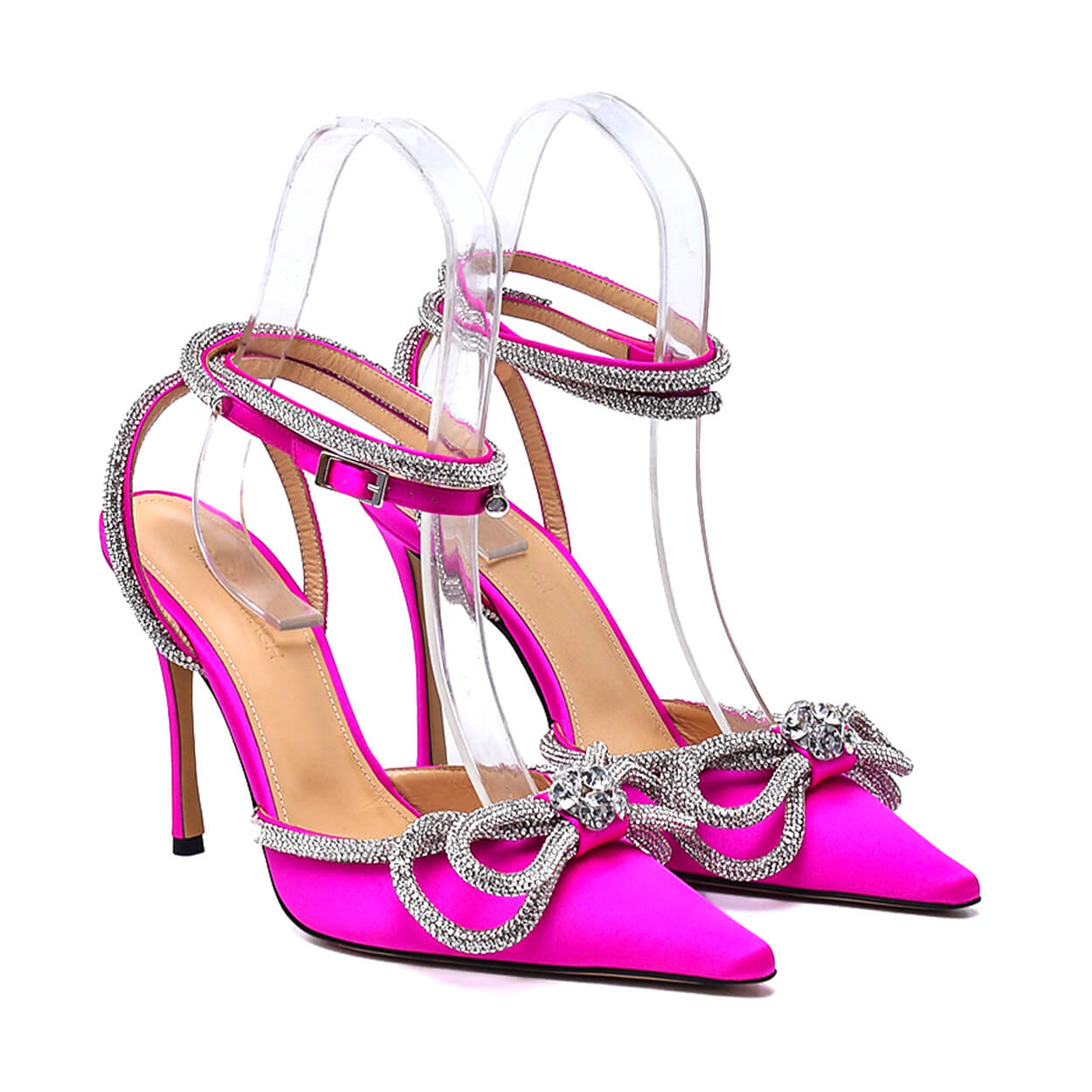 Mach & Mach - Fuschia Pink Double Bow Crystal Embellished Silk Satin Point-toe Pumps